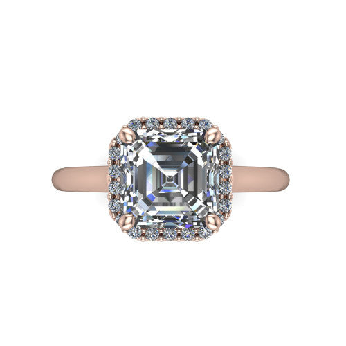 Paige square emerald halo engagement ring in 14K Rose Gold, top-down view showing the square emerald center diamond framed by a pave halo