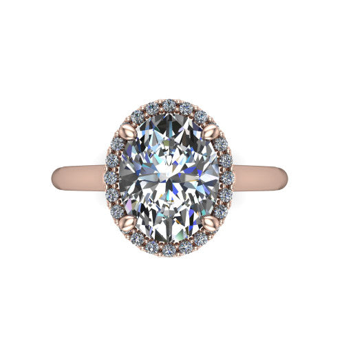 Paige oval halo engagement ring in 18K Rose Gold, top-down view showing the oval center diamond framed by a pave halo