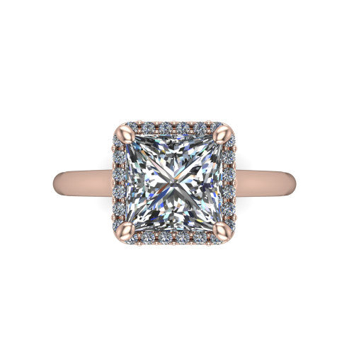 Paige princess halo engagement ring in 14K Rose Gold, top-down view showing the princess center diamond framed by a pave halo