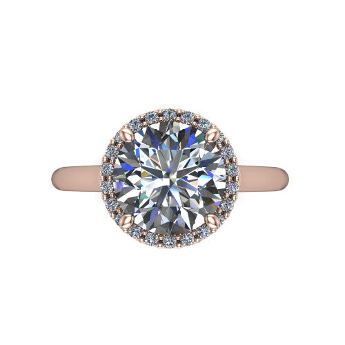 Paige round halo engagement ring in 14K Rose Gold, top-down view showing the round center diamond framed by a pave halo