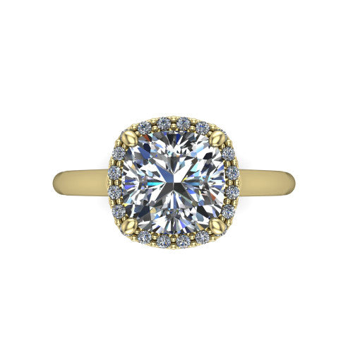 Paige cushion halo engagement ring in 14K Yellow Gold, top-down view showing the cushion center diamond framed by a pave halo