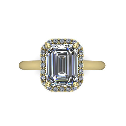 Paige emerald halo engagement ring in 14K Yellow Gold, top-down view showing the emerald center diamond framed by a pave halo