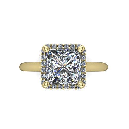Paige princess halo engagement ring in 18K Yellow Gold, top-down view showing the princess center diamond framed by a pave halo