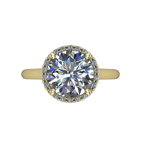 Paige round halo engagement ring in 18K Yellow Gold, top-down view showing the round center diamond framed by a pave halo