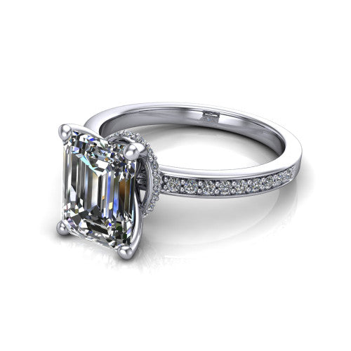 Renata emerald hidden halo engagement ring in 14K White Gold, three-quarter perspective showing the emerald center diamond, 4-prong setting, and pave band
