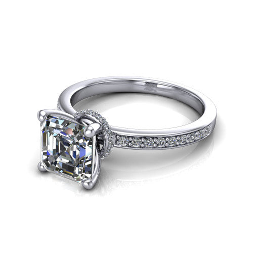 Renata square emerald hidden halo engagement ring in 14K White Gold, three-quarter perspective showing the square emerald center diamond, 4-prong setting, and pave band