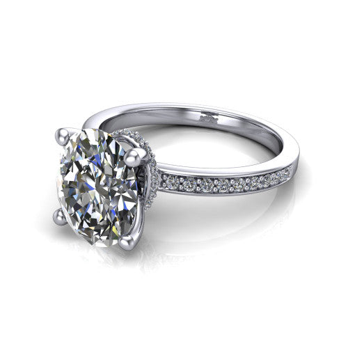 Renata oval hidden halo engagement ring in Platinum, three-quarter perspective showing the oval center diamond, 4-prong setting, and pave band
