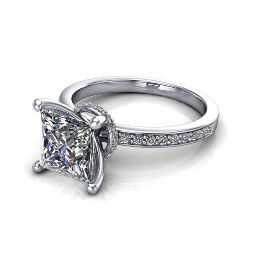 Renata princess hidden halo engagement ring in 14K White Gold, three-quarter perspective showing the princess center diamond, 4-prong setting, and pave band