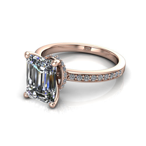 Renata emerald hidden halo engagement ring in 14K Rose Gold, three-quarter perspective showing the emerald center diamond, 4-prong setting, and pave band