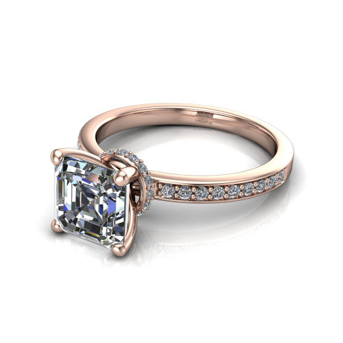 Renata square emerald hidden halo engagement ring in 18K Rose Gold, three-quarter perspective showing the square emerald center diamond, 4-prong setting, and pave band