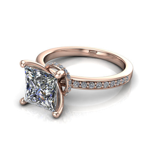 Renata princess hidden halo engagement ring in 18K Rose Gold, three-quarter perspective showing the princess center diamond, 4-prong setting, and pave band