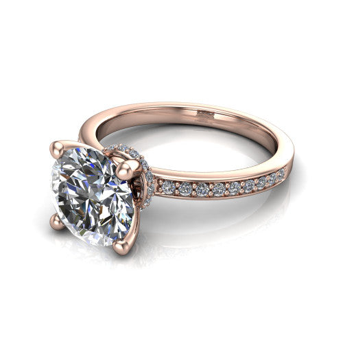 Renata round hidden halo engagement ring in 14K Rose Gold, three-quarter perspective showing the round center diamond, 4-prong setting, and pave band