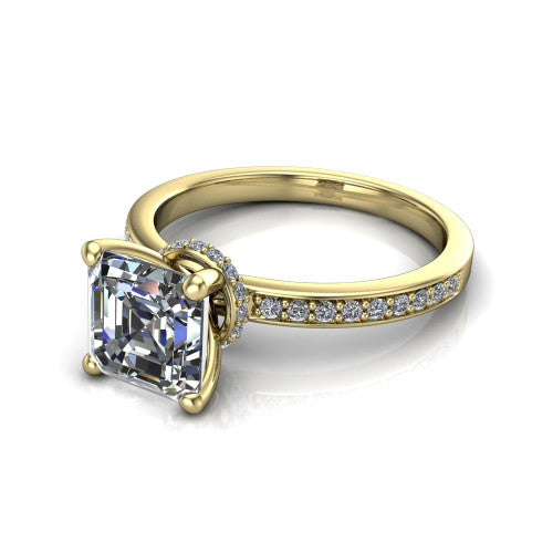 Renata square emerald hidden halo engagement ring in 18K Yellow Gold, three-quarter perspective showing the square emerald center diamond, 4-prong setting, and pave band