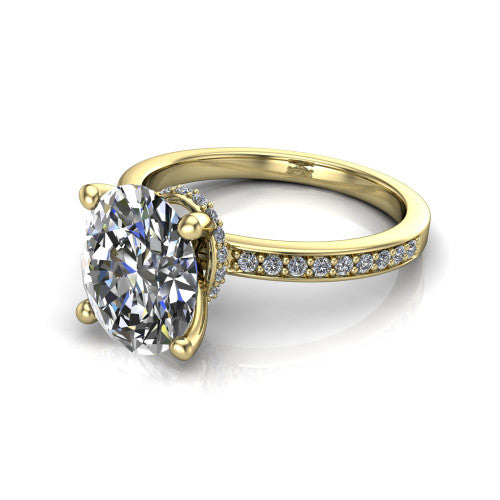Renata oval hidden halo engagement ring in 18K Yellow Gold, three-quarter perspective showing the oval center diamond, 4-prong setting, and pave band