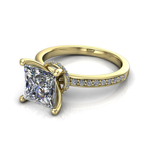 Renata princess hidden halo engagement ring in 14K Yellow Gold, three-quarter perspective showing the princess center diamond, 4-prong setting, and pave band