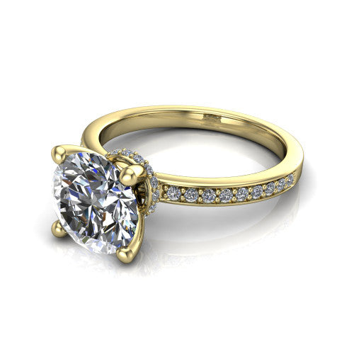 Renata round hidden halo engagement ring in 14K Yellow Gold, three-quarter perspective showing the round center diamond, 4-prong setting, and pave band
