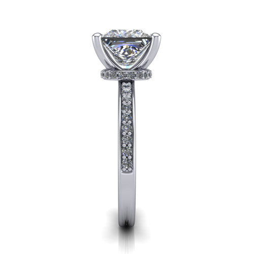 Renata princess hidden halo engagement ring in Platinum, side profile showing the hidden pave halo and pave band