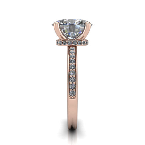 Renata oval hidden halo engagement ring in 18K Rose Gold, side profile showing the hidden pave halo and pave band
