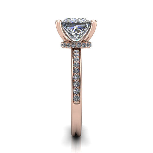 Renata princess hidden halo engagement ring in 18K Rose Gold, side profile showing the hidden pave halo and pave band