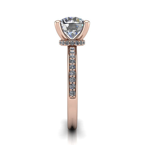 Renata round hidden halo engagement ring in 18K Rose Gold, side profile showing the hidden pave halo and pave band