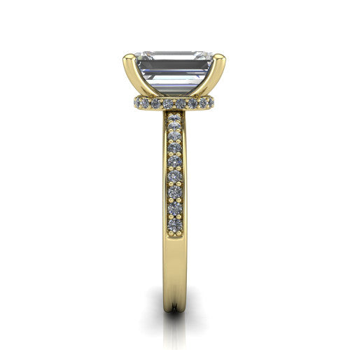 Renata emerald hidden halo engagement ring in 14K Yellow Gold, side profile showing the hidden pave halo and pave band
