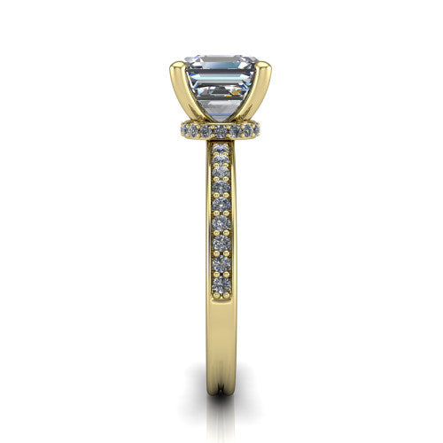 Renata square emerald hidden halo engagement ring in 18K Yellow Gold, side profile showing the hidden pave halo and pave band