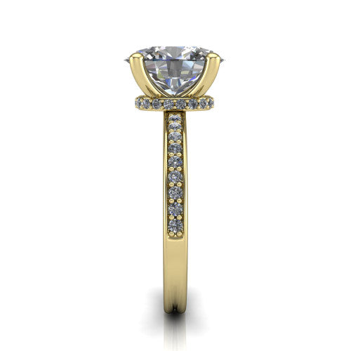 Renata oval hidden halo engagement ring in 18K Yellow Gold, side profile showing the hidden pave halo and pave band