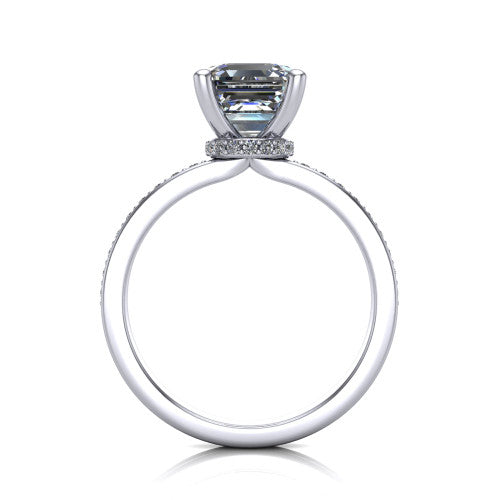 Renata square emerald hidden halo engagement ring in 18K White Gold, through-finger front profile showing the concealed pave halo beneath the center stone