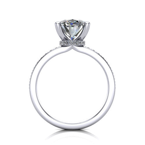 Renata oval hidden halo engagement ring in Platinum, through-finger front profile showing the concealed pave halo beneath the center stone