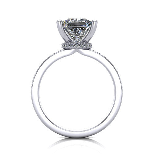 Renata princess hidden halo engagement ring in 18K White Gold, through-finger front profile showing the concealed pave halo beneath the center stone