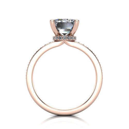 Renata emerald hidden halo engagement ring in 18K Rose Gold, through-finger front profile showing the concealed pave halo beneath the center stone