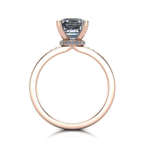 Renata square emerald hidden halo engagement ring in 14K Rose Gold, through-finger front profile showing the concealed pave halo beneath the center stone