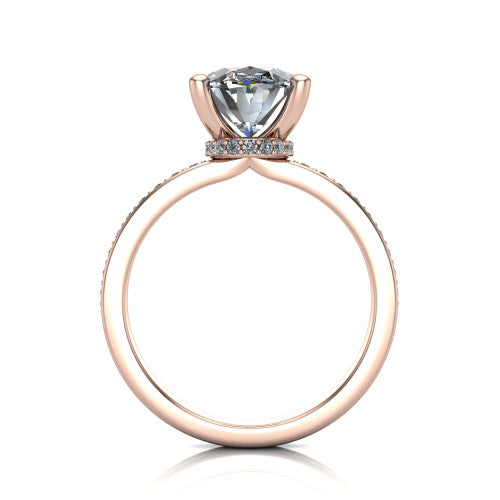 Renata oval hidden halo engagement ring in 14K Rose Gold, through-finger front profile showing the concealed pave halo beneath the center stone