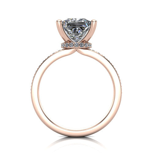 Renata princess hidden halo engagement ring in 18K Rose Gold, through-finger front profile showing the concealed pave halo beneath the center stone
