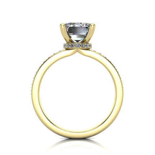 Renata emerald hidden halo engagement ring in 14K Yellow Gold, through-finger front profile showing the concealed pave halo beneath the center stone