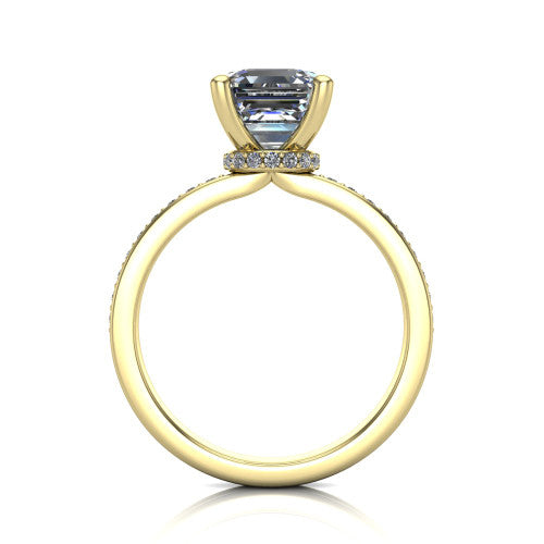 Renata square emerald hidden halo engagement ring in 18K Yellow Gold, through-finger front profile showing the concealed pave halo beneath the center stone