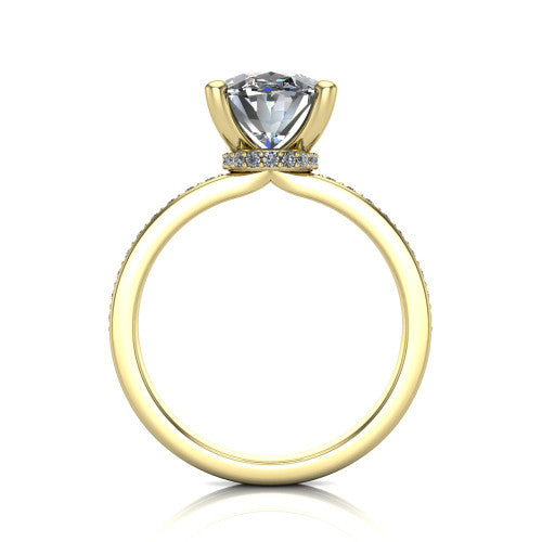 Renata oval hidden halo engagement ring in 18K Yellow Gold, through-finger front profile showing the concealed pave halo beneath the center stone