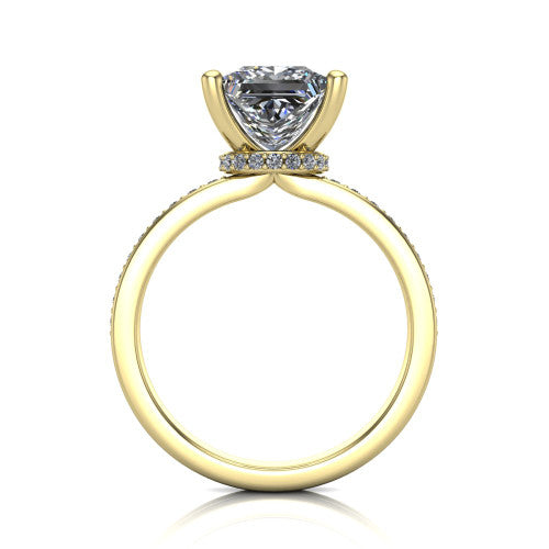 Renata princess hidden halo engagement ring in 18K Yellow Gold, through-finger front profile showing the concealed pave halo beneath the center stone