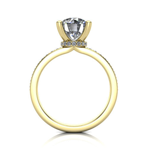 Renata round hidden halo engagement ring in 18K Yellow Gold, through-finger front profile showing the concealed pave halo beneath the center stone