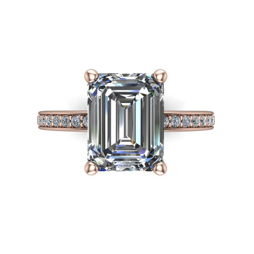 Renata emerald hidden halo engagement ring in 18K Rose Gold, top-down view showing the emerald center diamond in a clean 4-prong setting