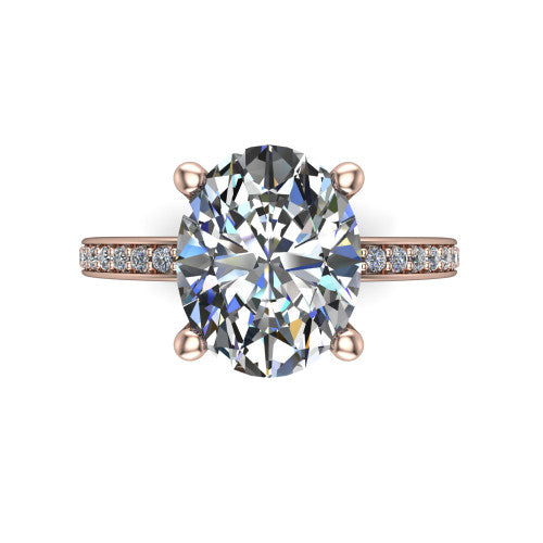 Renata oval hidden halo engagement ring in 18K Rose Gold, top-down view showing the oval center diamond in a clean 4-prong setting