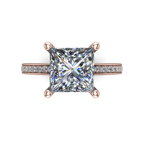 Renata princess hidden halo engagement ring in 14K Rose Gold, top-down view showing the princess center diamond in a clean 4-prong setting