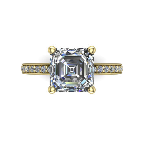 Renata square emerald hidden halo engagement ring in 18K Yellow Gold, top-down view showing the square emerald center diamond in a clean 4-prong setting