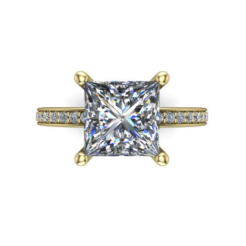 Renata princess hidden halo engagement ring in 18K Yellow Gold, top-down view showing the princess center diamond in a clean 4-prong setting