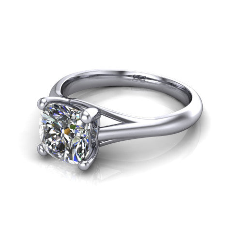 Francesca cushion-cut solitaire engagement ring in 14K White Gold, three-quarter perspective showing the cushion-cut center diamond, double-claw prongs, and split shank