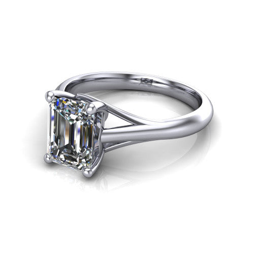 Francesca emerald-cut solitaire engagement ring in 14K White Gold, three-quarter perspective showing the emerald-cut center diamond, double-claw prongs, and split shank