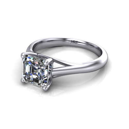Francesca square emerald-cut solitaire engagement ring in 14K White Gold, three-quarter perspective showing the square emerald-cut center diamond, double-claw prongs, and split shank