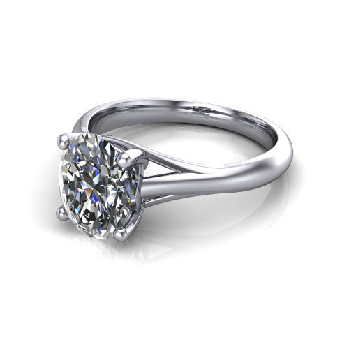 Francesca oval solitaire engagement ring in 14K White Gold, three-quarter perspective showing the oval center diamond, double-claw prongs, and split shank