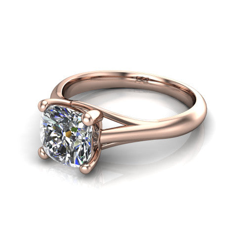 Francesca cushion-cut solitaire engagement ring in 14K Rose Gold, three-quarter perspective showing the cushion-cut center diamond, double-claw prongs, and split shank