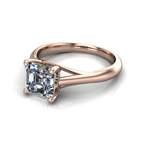 Francesca square emerald-cut solitaire engagement ring in 14K Rose Gold, three-quarter perspective showing the square emerald-cut center diamond, double-claw prongs, and split shank